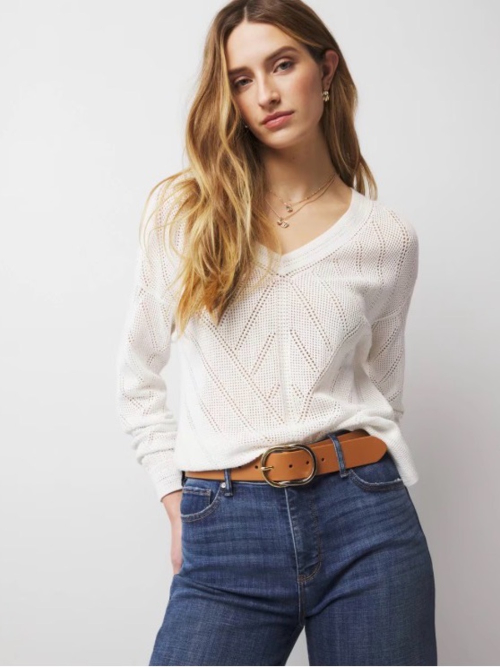 White House Black Market White V-Neck Open Knit Sweater SZ S Great Condition.